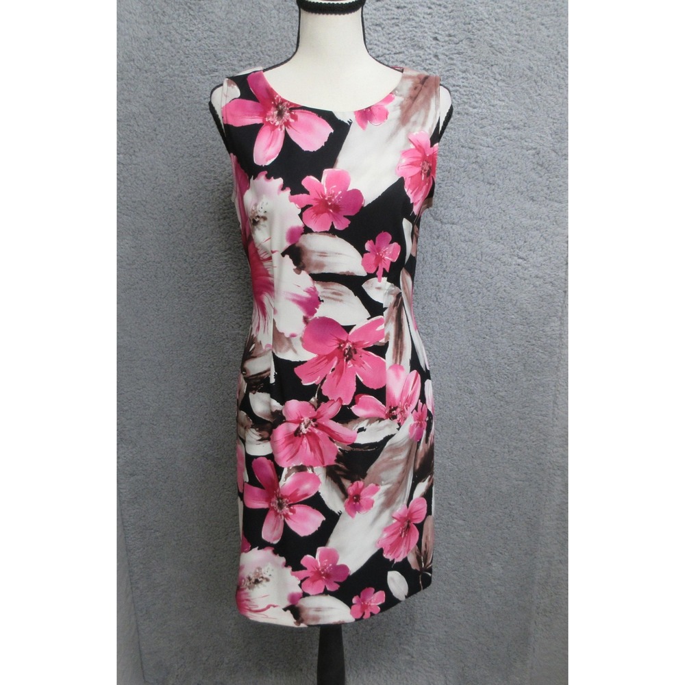 Connected Apparel Floral Sheath Dress Womens Size 6 Black Pink Career Cocktail